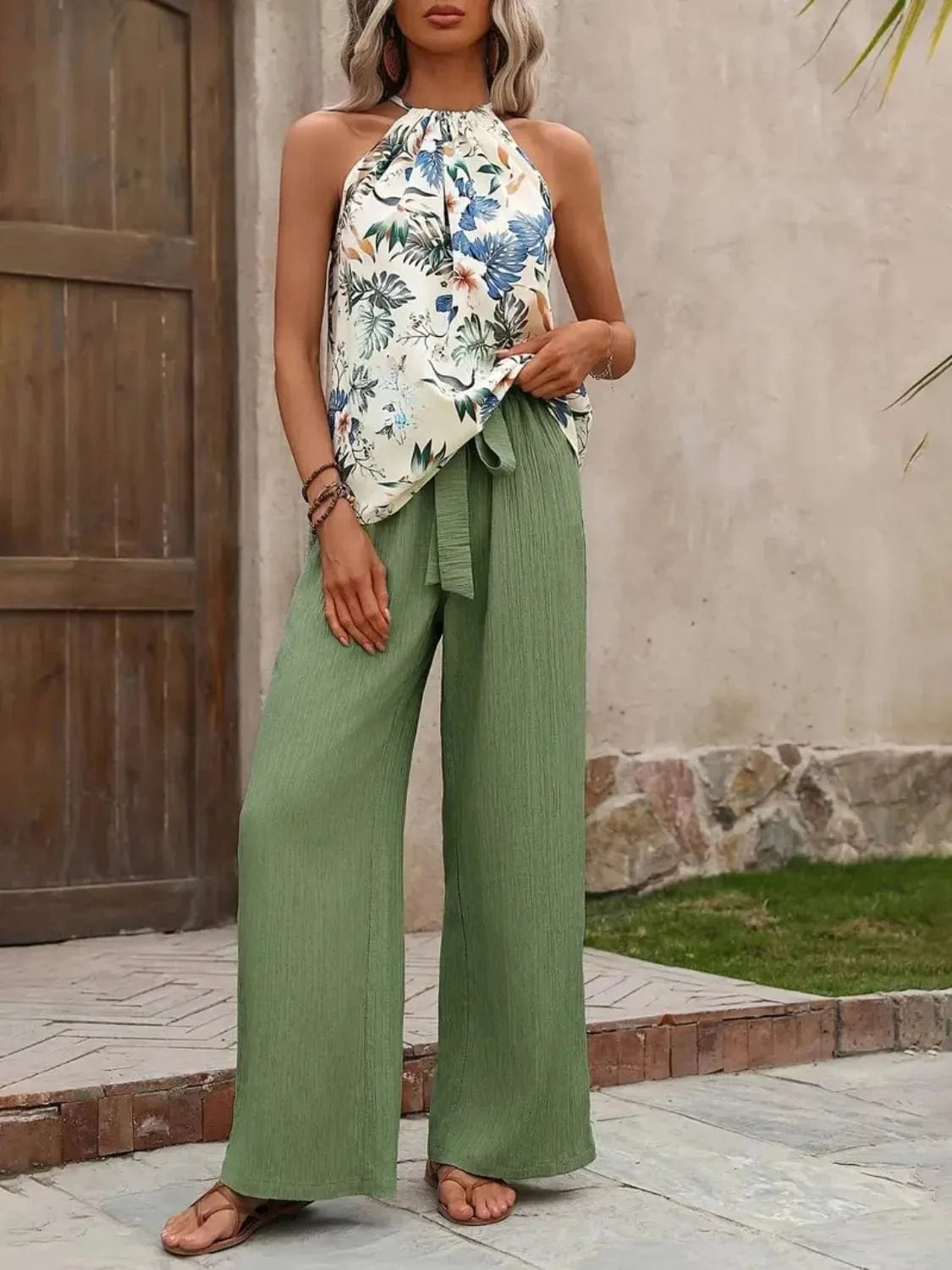 Matcha Green Printed Tank Top and Wide Leg Pants Set Two-Piece sets