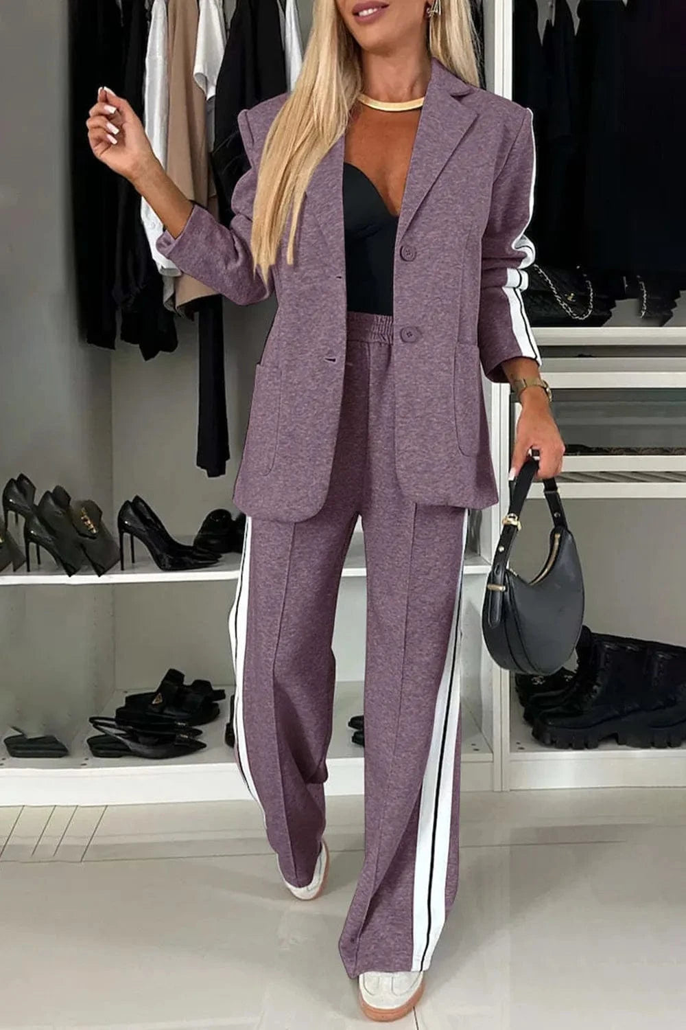 Mauve Full Size Contrast Lapel Collar Top and Pants Set Two-Piece sets