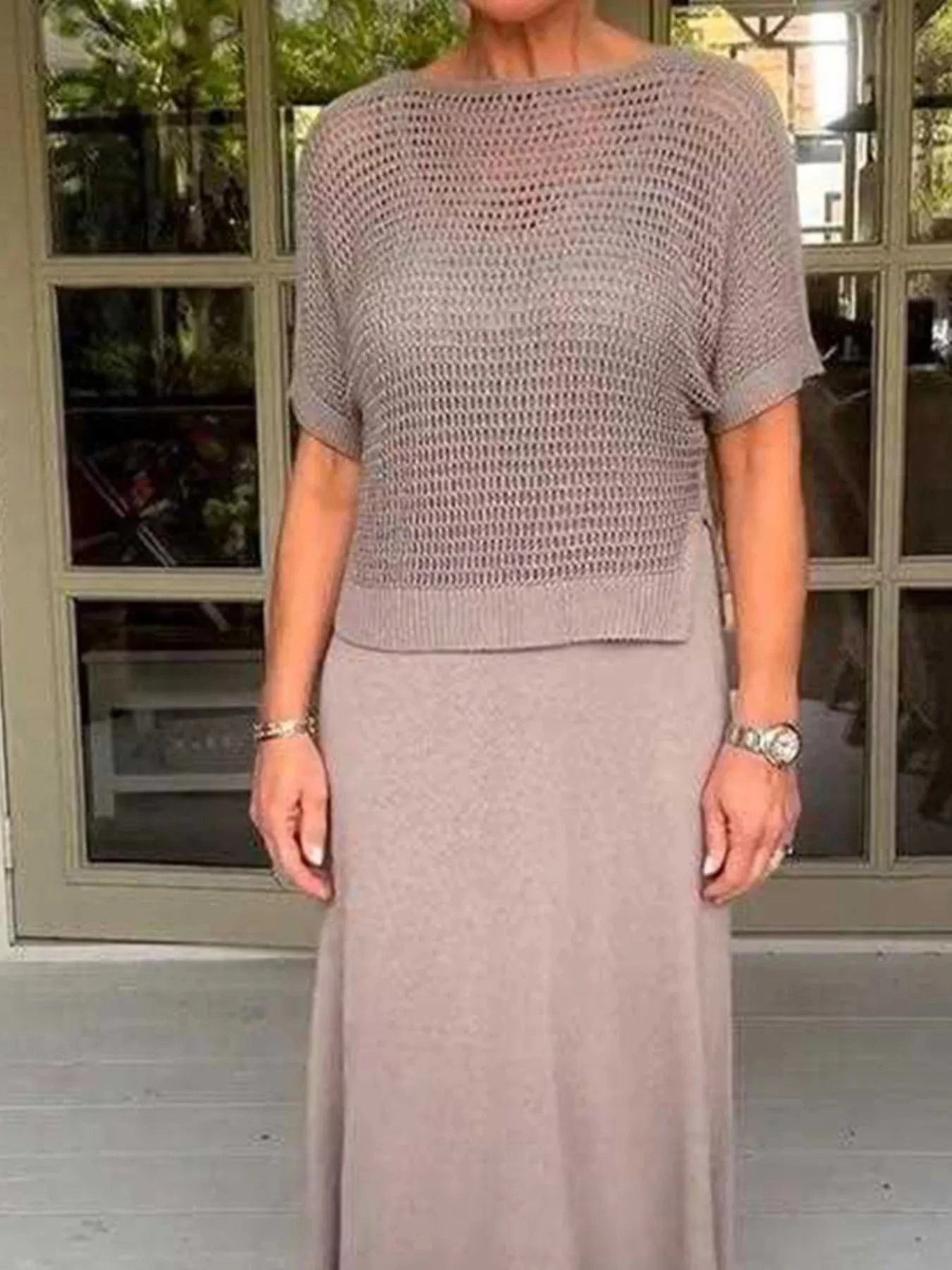 Mocha Full Size Openwork Knit Cover Up and Dress Set Plus Size Two-Piece sets