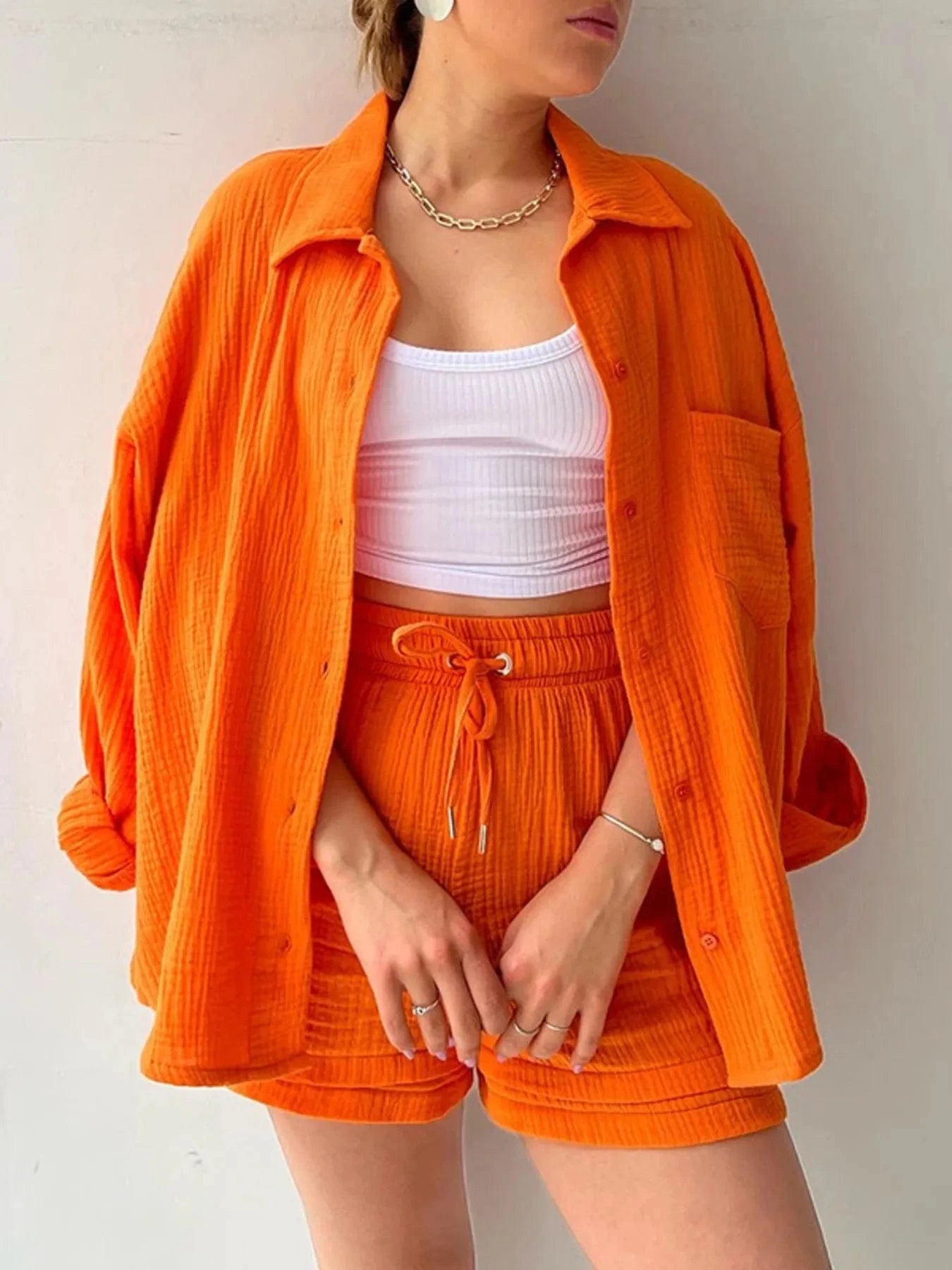 Orange Button Up Shirt and Shorts Set Two-Piece sets