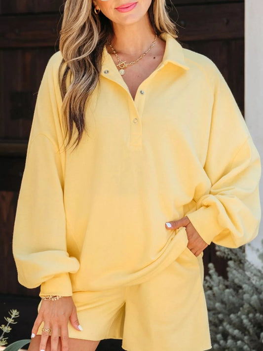 Pastel Yellow Button Collar Drop Shoulder Top and Shorts 2pcs Set Two-Piece sets