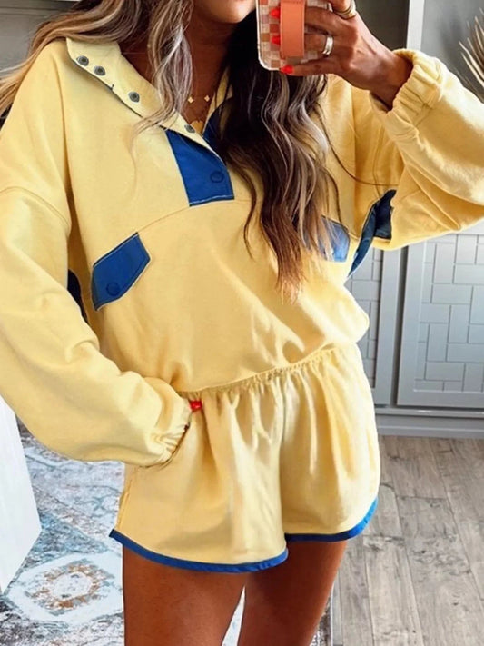 Pastel Yellow Color Block Patchwork Half Button Top and Shorts 2pcs Set Two-Piece sets