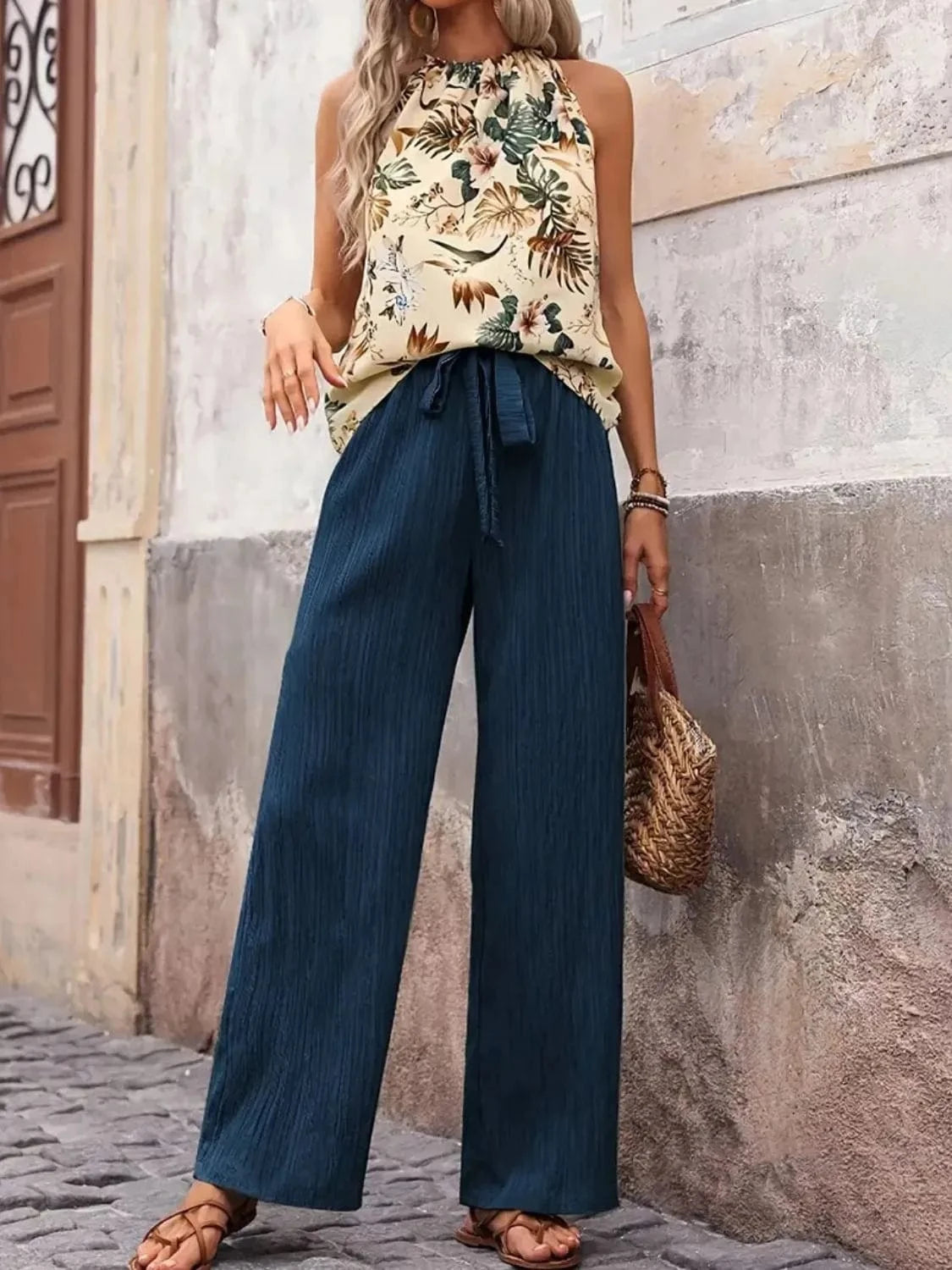 Peacock Blue Printed Tank Top and Wide Leg Pants Set Two-Piece sets