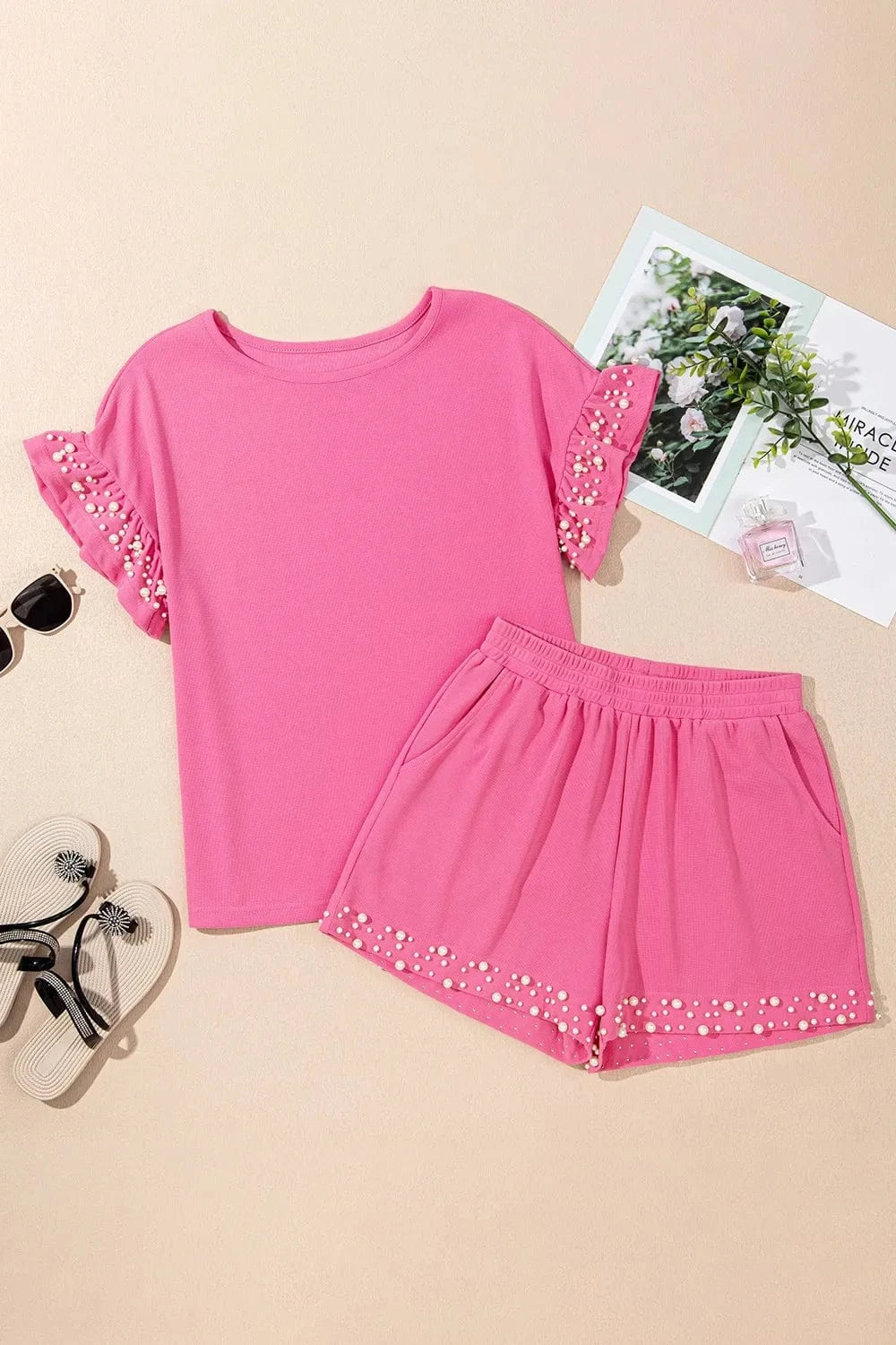 Pearl Embellished Top and Shorts Set Two-Piece sets