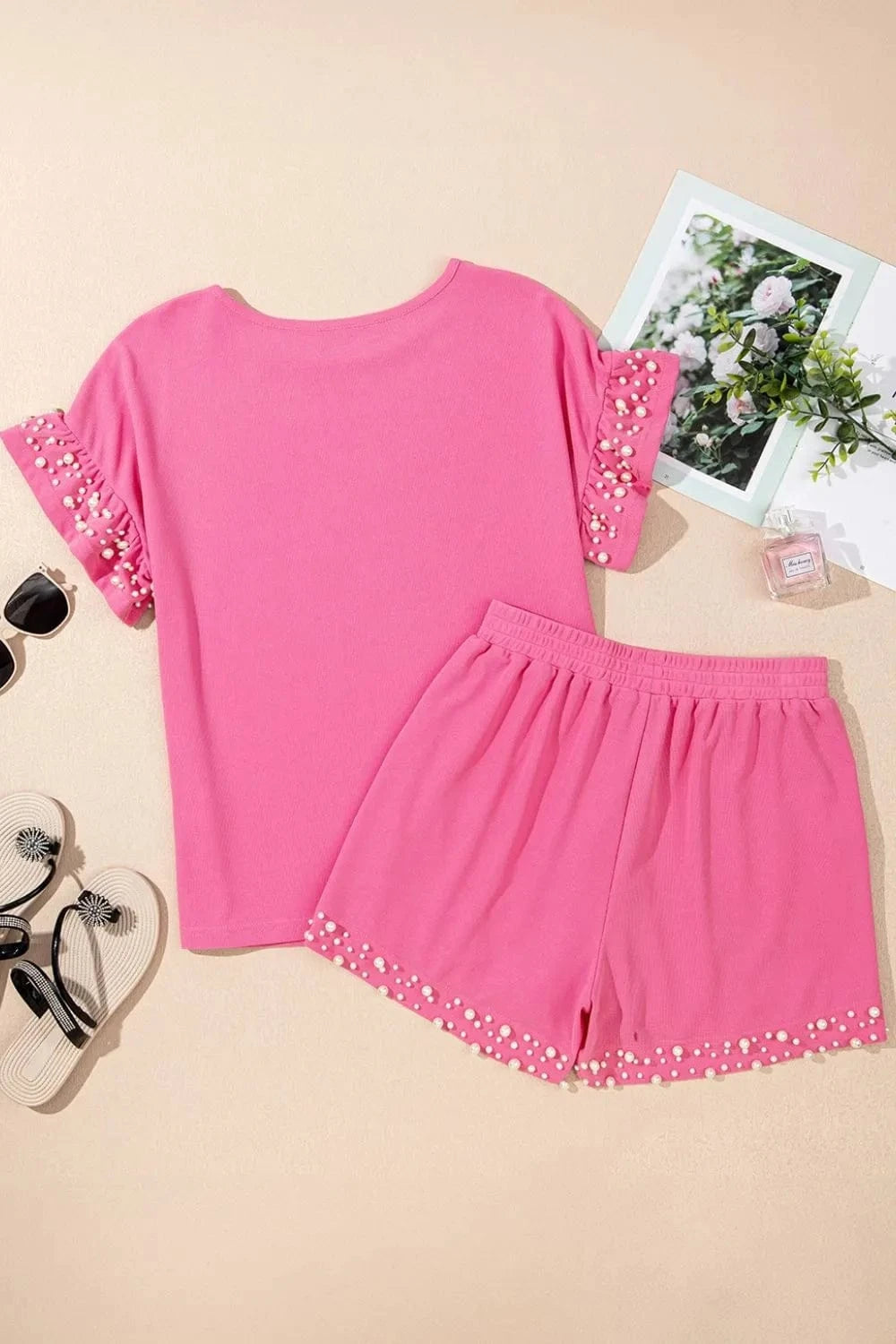 Pearl Embellished Top and Shorts Set Two-Piece sets