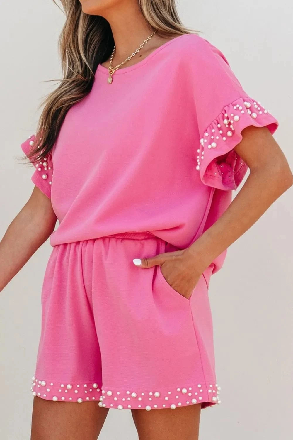 Pearl Embellished Top and Shorts Set Two-Piece sets