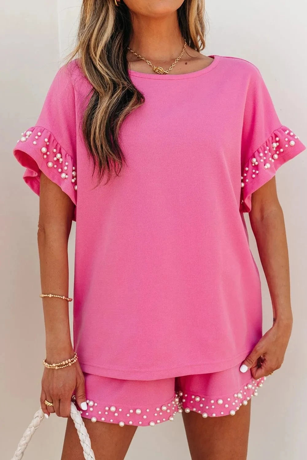 Pearl Embellished Top and Shorts Set Two-Piece sets