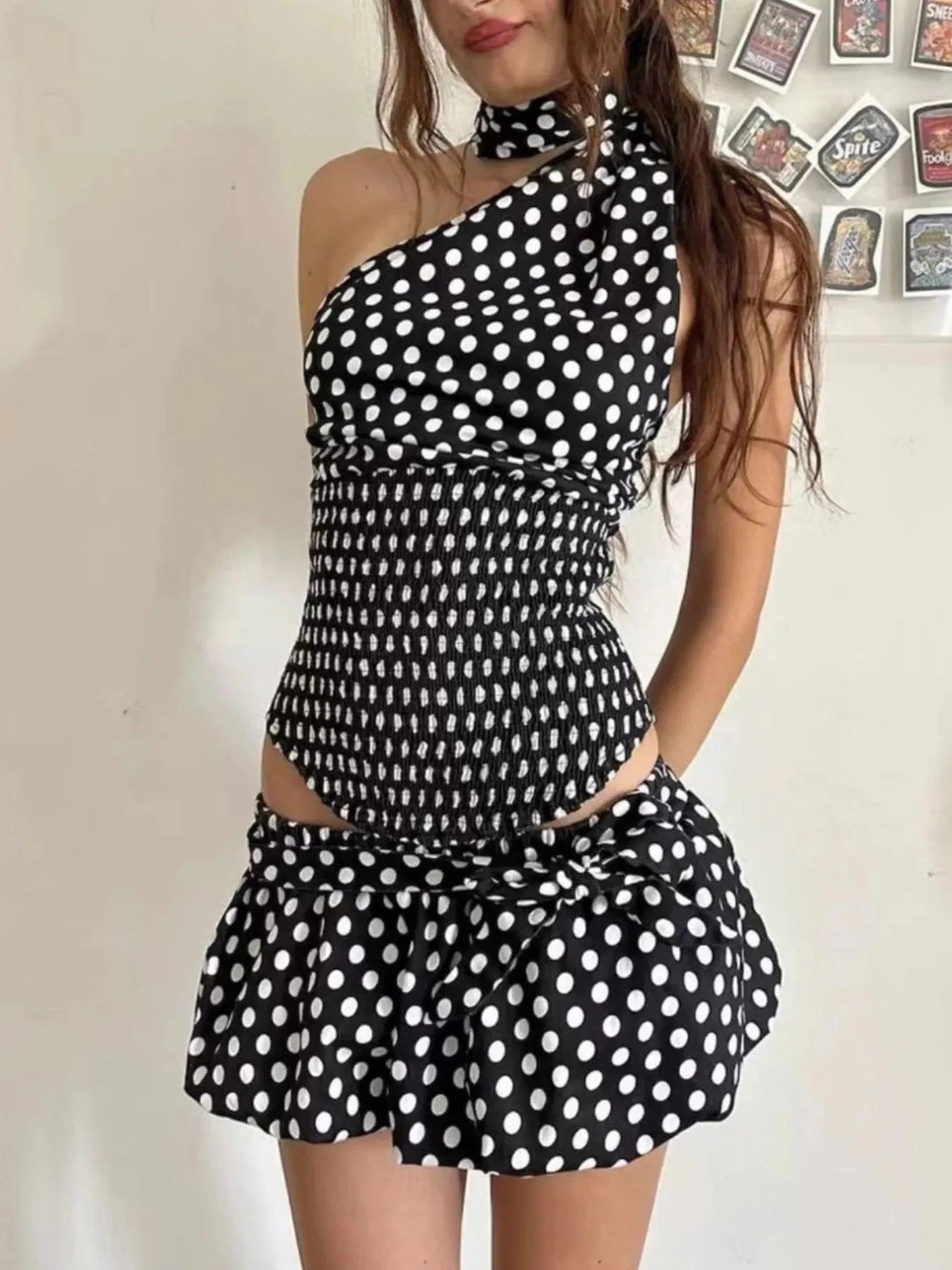 Polka Dot One-Shoulder Top and Mini Skirt Set Two-Piece sets