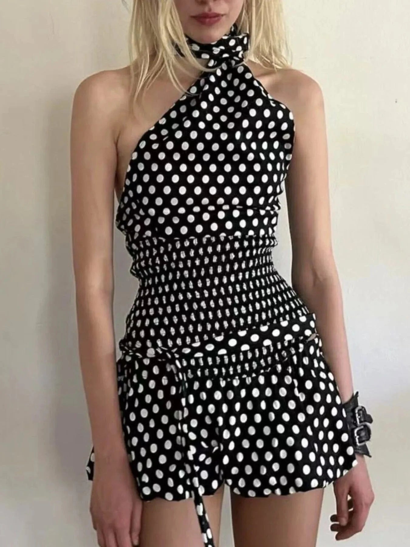 Polka Dot One-Shoulder Top and Mini Skirt Set Two-Piece sets