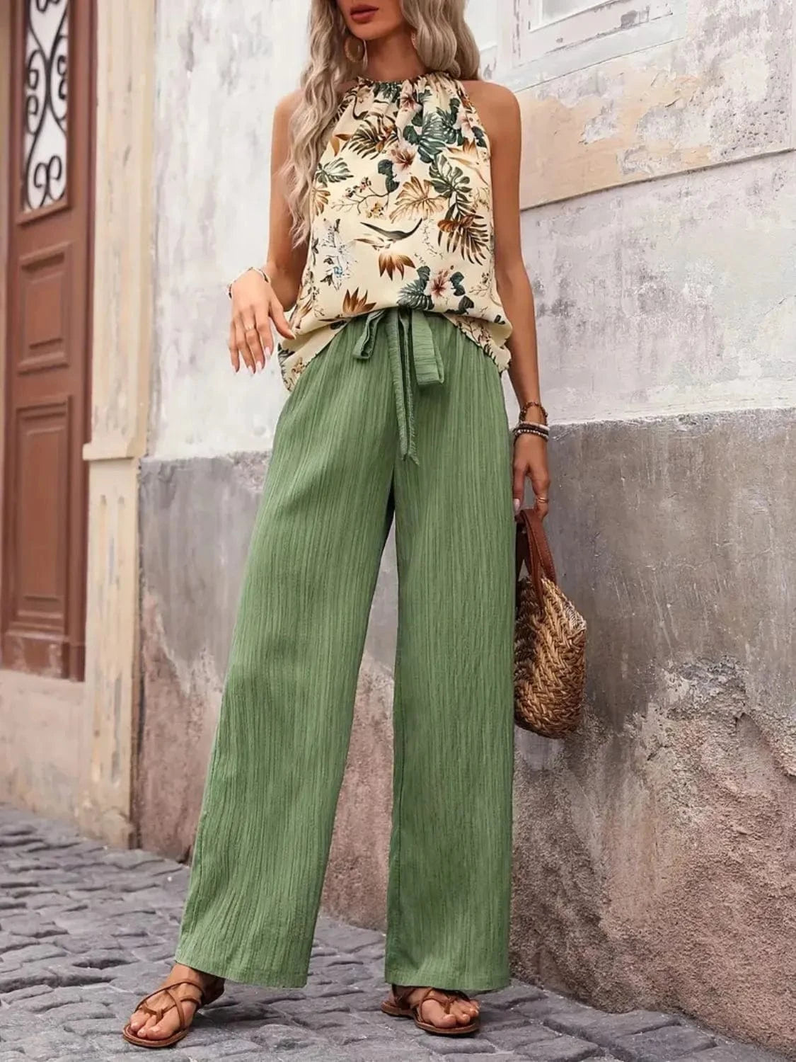 Printed Tank Top and Wide Leg Pants Set Two-Piece sets