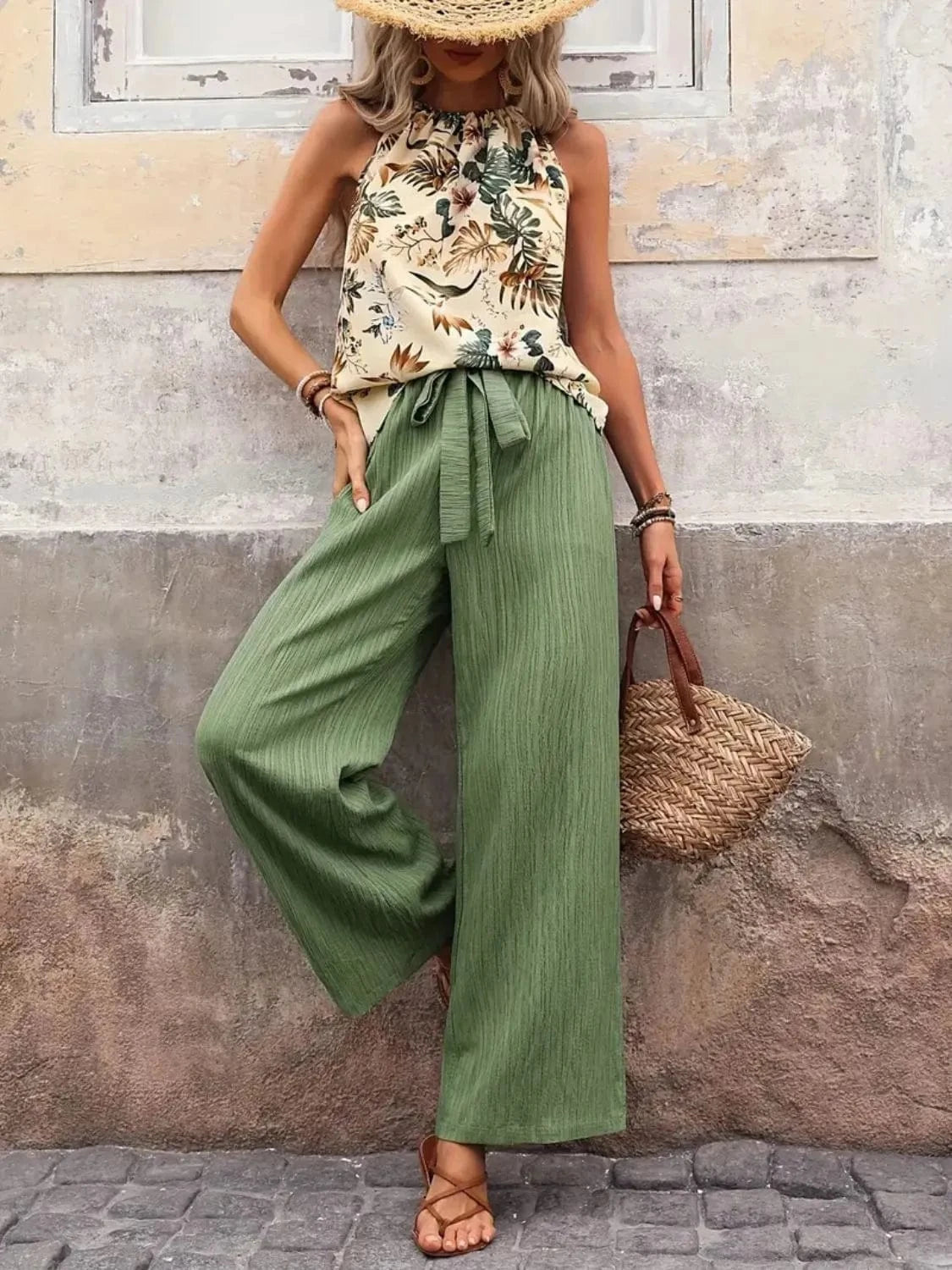 Printed Tank Top and Wide Leg Pants Set Two-Piece sets