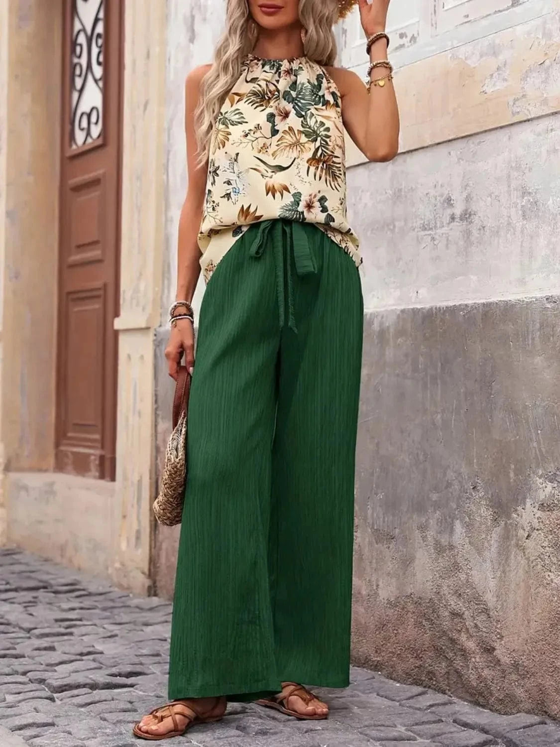 Printed Tank Top and Wide Leg Pants Set Two-Piece sets