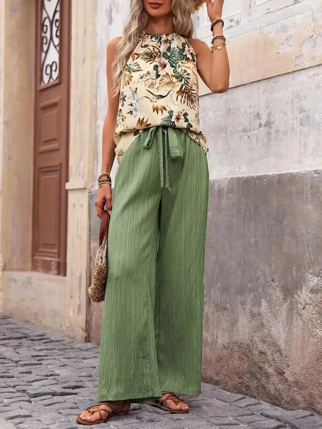 Printed Tank Top and Wide Leg Pants Set Two-Piece sets