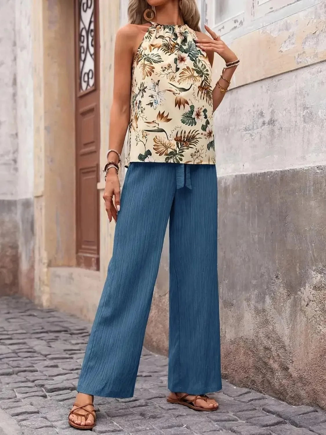 Printed Tank Top and Wide Leg Pants Set Two-Piece sets