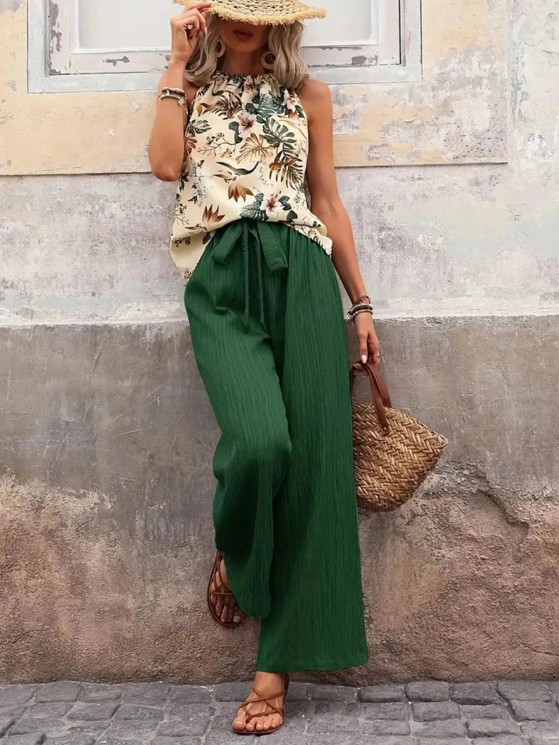 Printed Tank Top and Wide Leg Pants Set Two-Piece sets