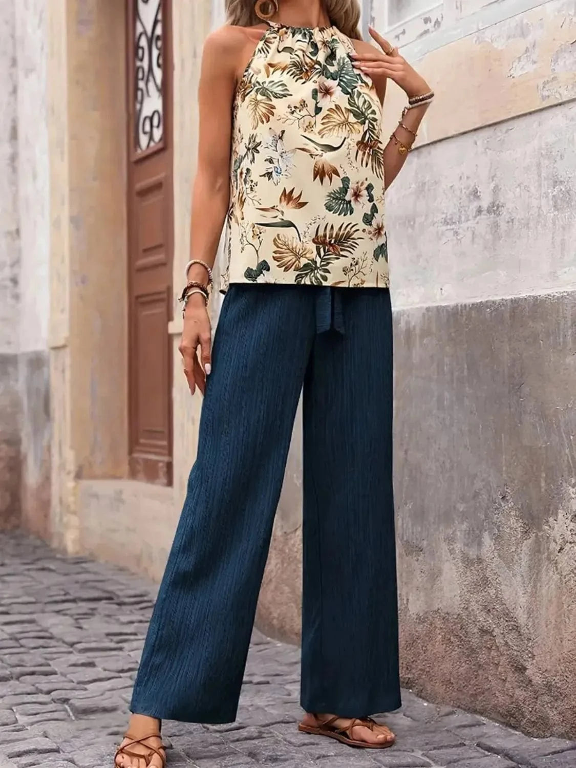 Printed Tank Top and Wide Leg Pants Set Two-Piece sets
