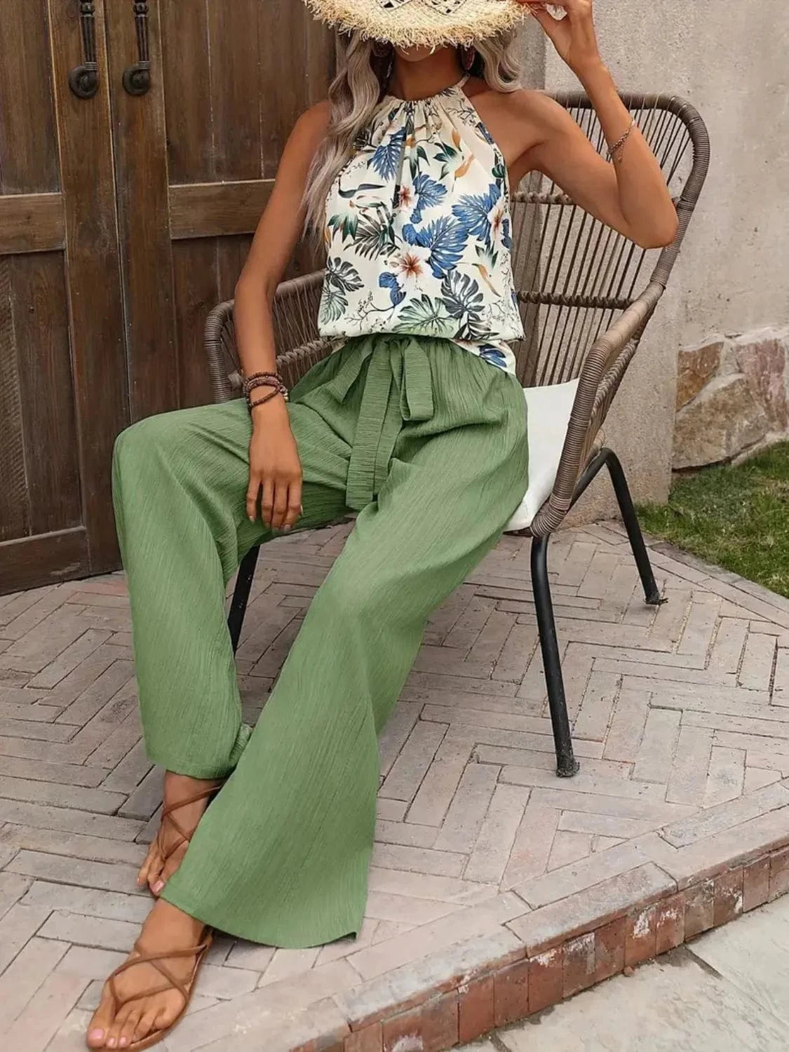 Printed Tank Top and Wide Leg Pants Set Two-Piece sets