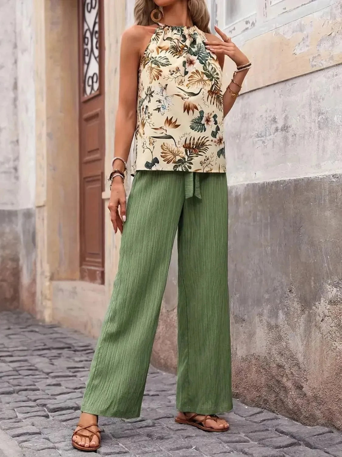 Printed Tank Top and Wide Leg Pants Set Two-Piece sets