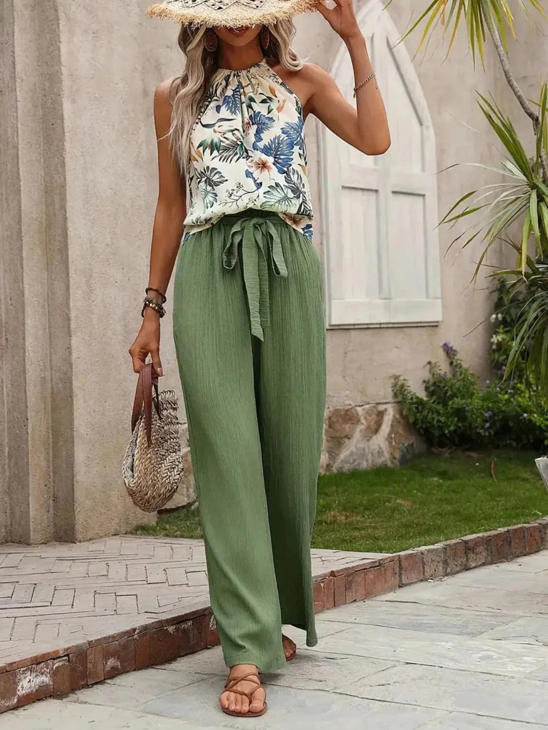 Printed Tank Top and Wide Leg Pants Set Two-Piece sets