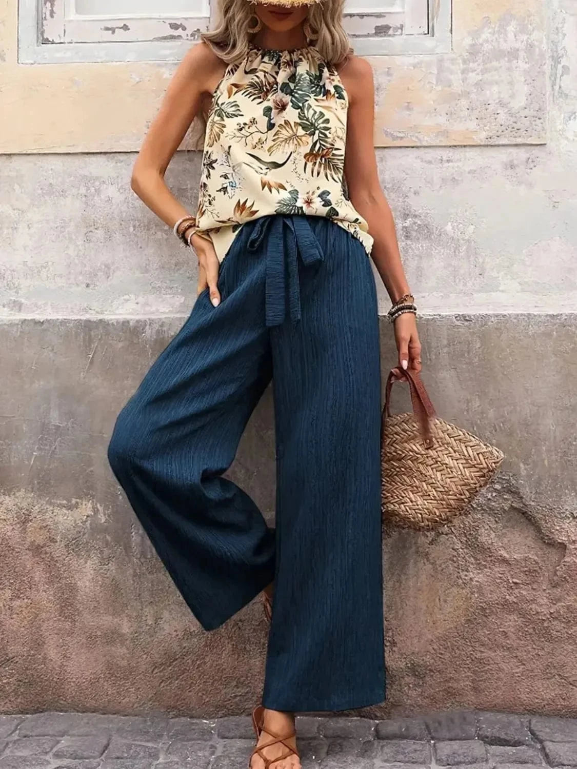 Printed Tank Top and Wide Leg Pants Set Two-Piece sets