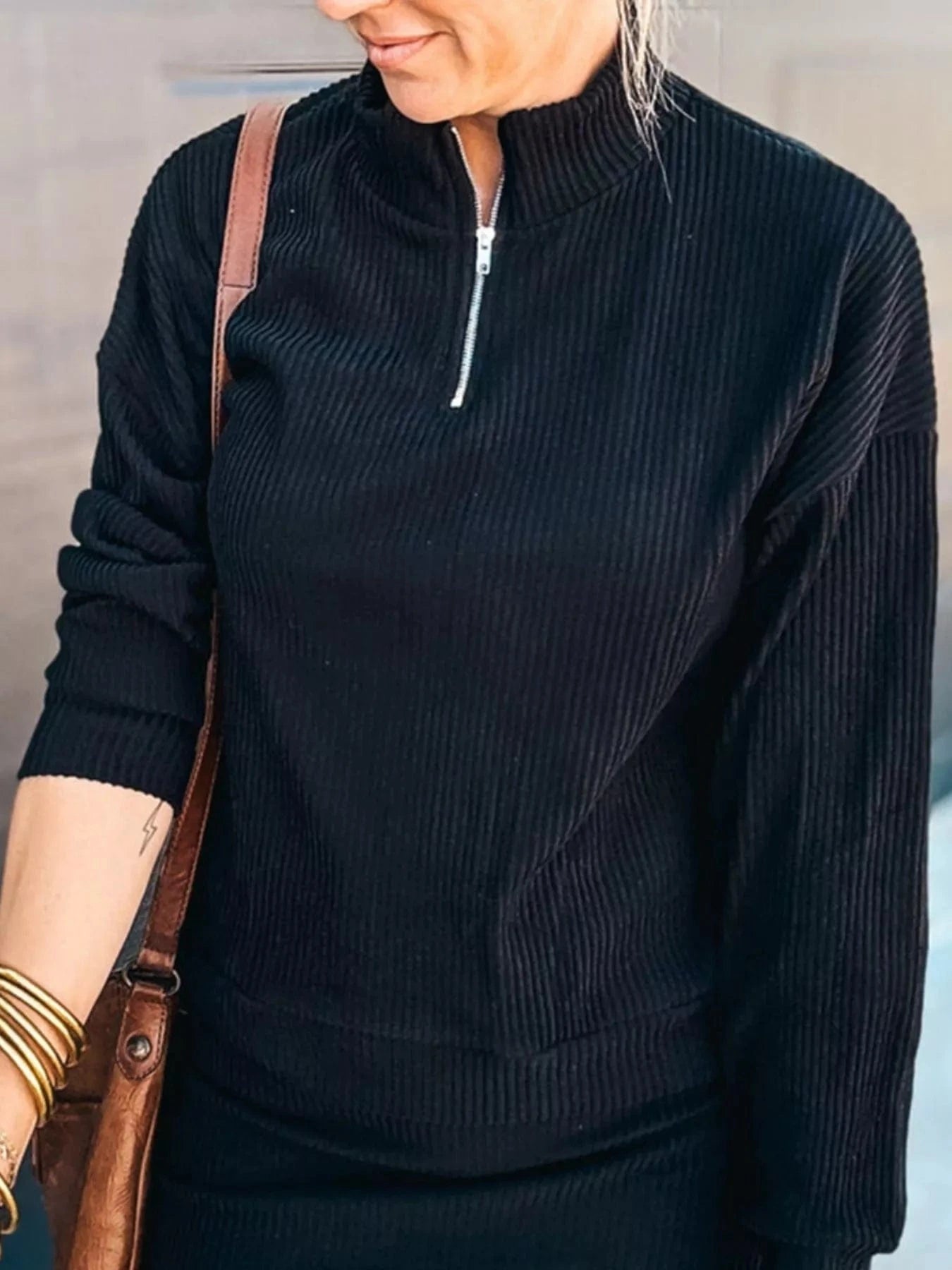 Ribbed Knit Quarter-Zip Top and Skirt Set Two-Piece sets