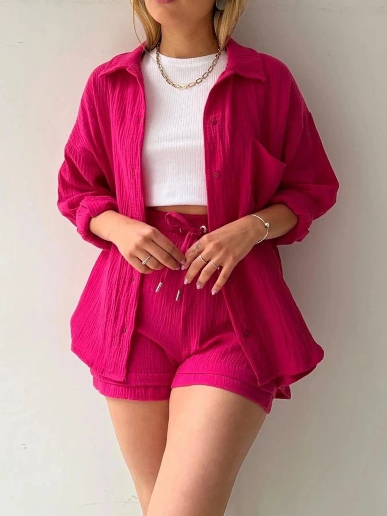 Rose Red Button Up Shirt and Shorts Set Two-Piece sets