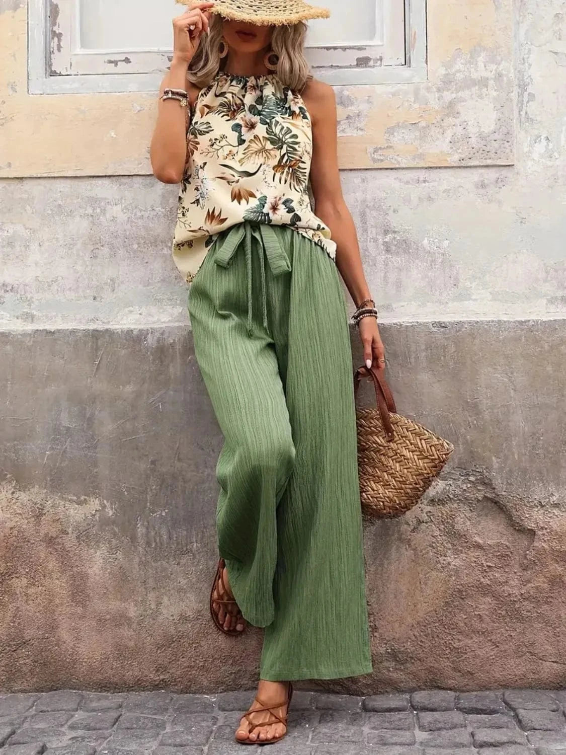 Sage Printed Tank Top and Wide Leg Pants Set Two-Piece sets