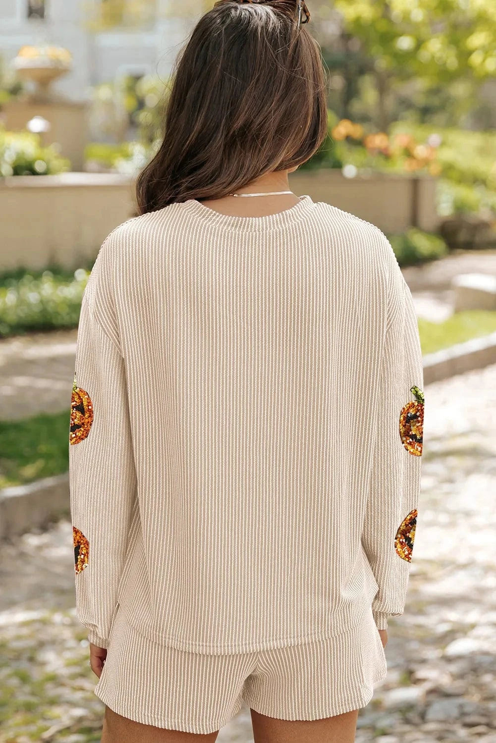 Sequin Pumpkin Round Neck Top and Shorts Set Two-Piece sets