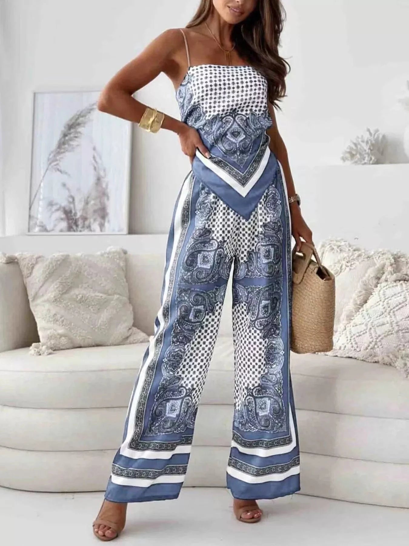 Sky Blue Tie Back Printed Cami and Pants Set Two-Piece sets