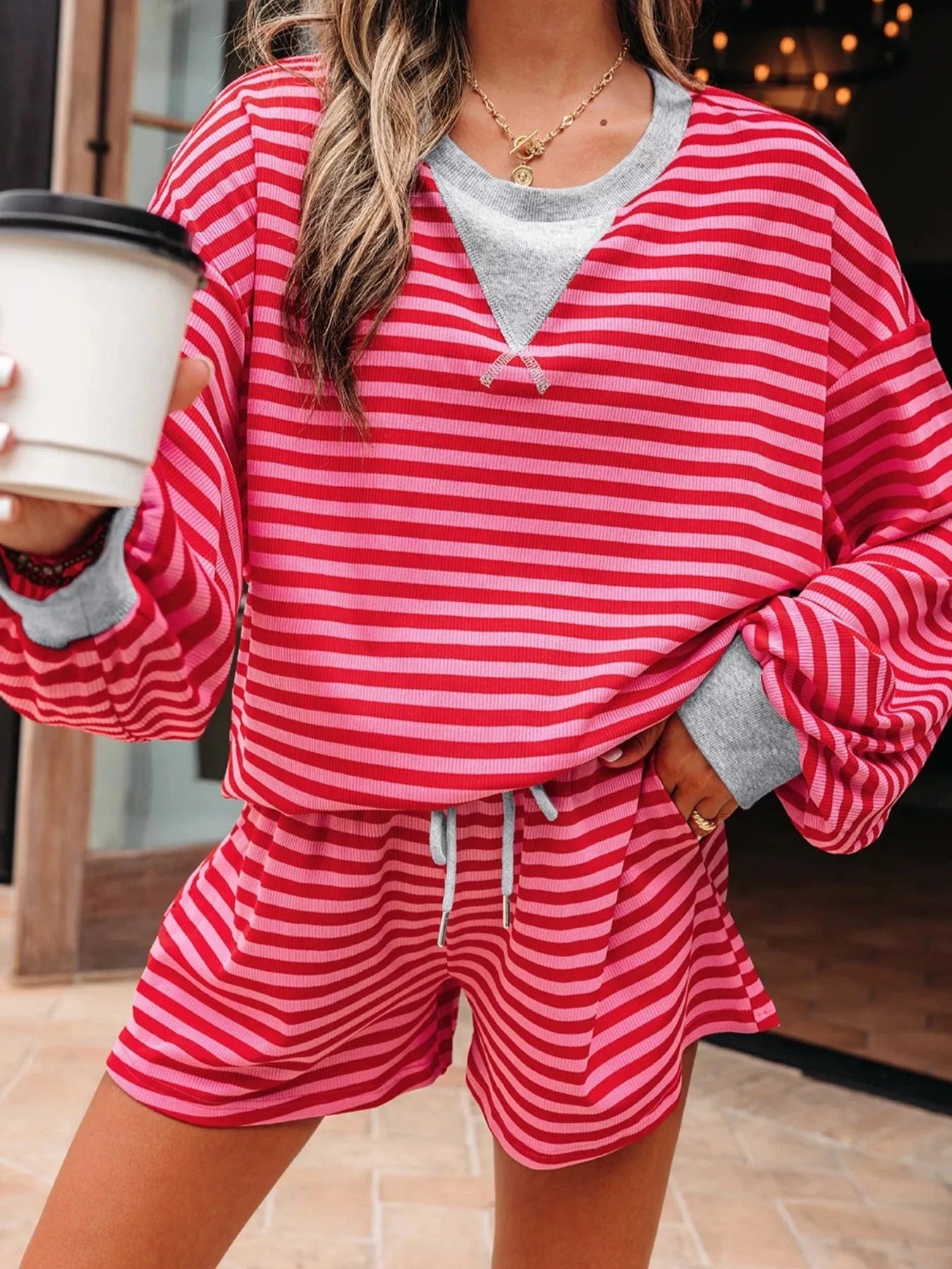 Strawberry Stripe Drop Shoulder Baggy Top and Shorts Casual Set Two-Piece sets