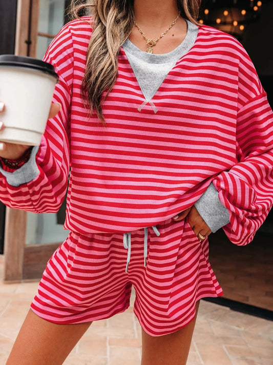 Strawberry Stripe Drop Shoulder Baggy Top and Shorts Casual Set Two-Piece sets