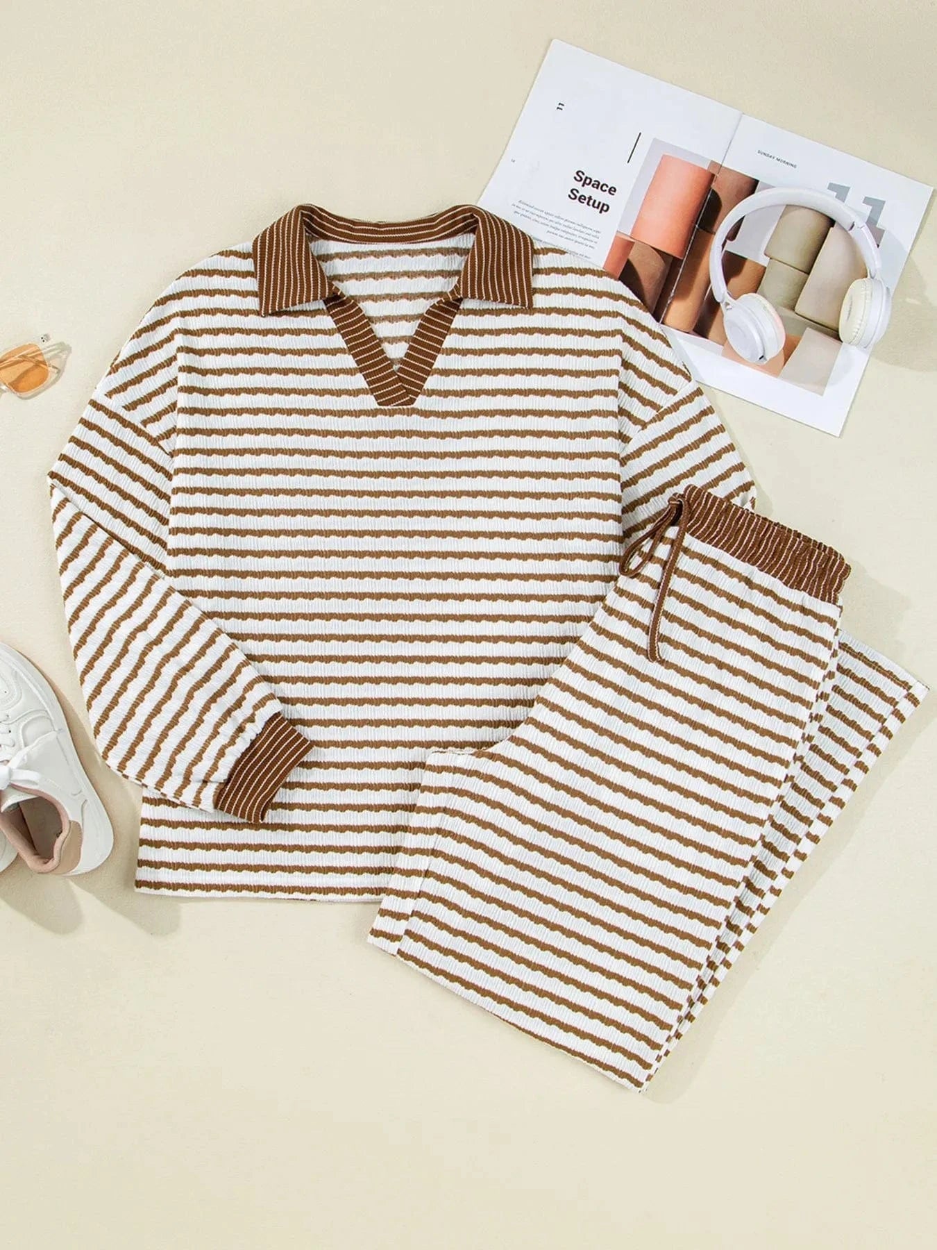 Stripe Collared Top and Drawstring Pant Set Two-Piece sets