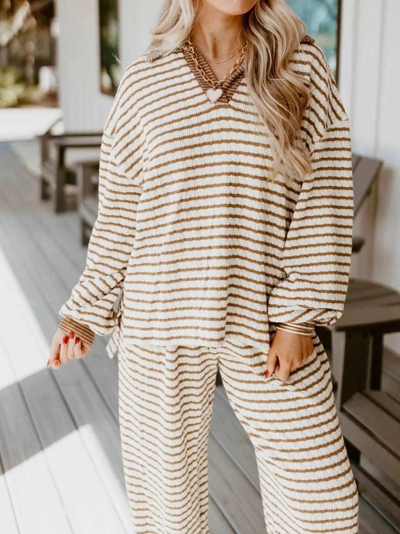 Stripe Collared Top and Drawstring Pant Set Two-Piece sets