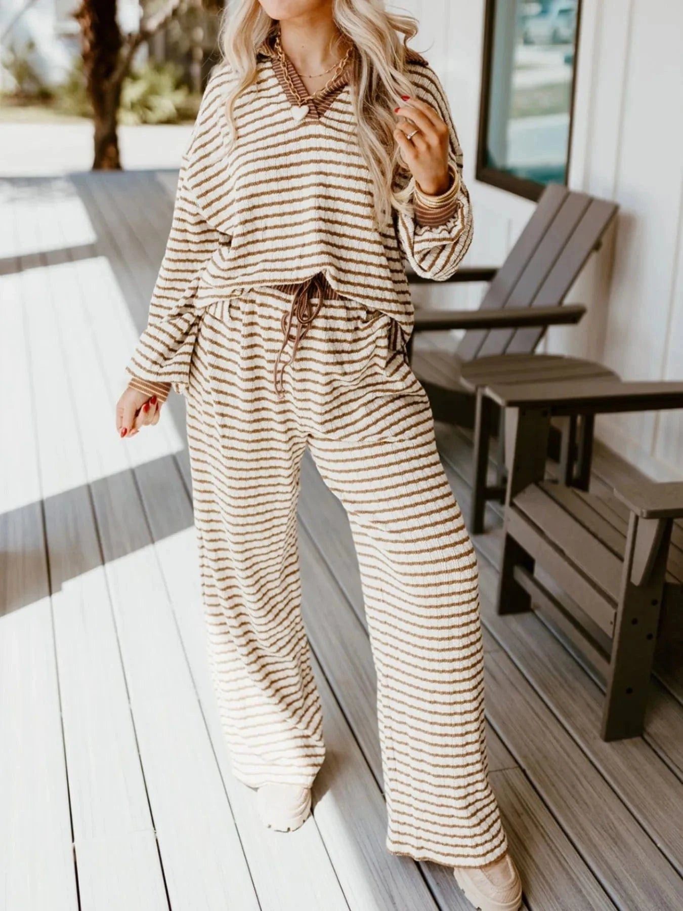 Stripe Collared Top and Drawstring Pant Set Two-Piece sets