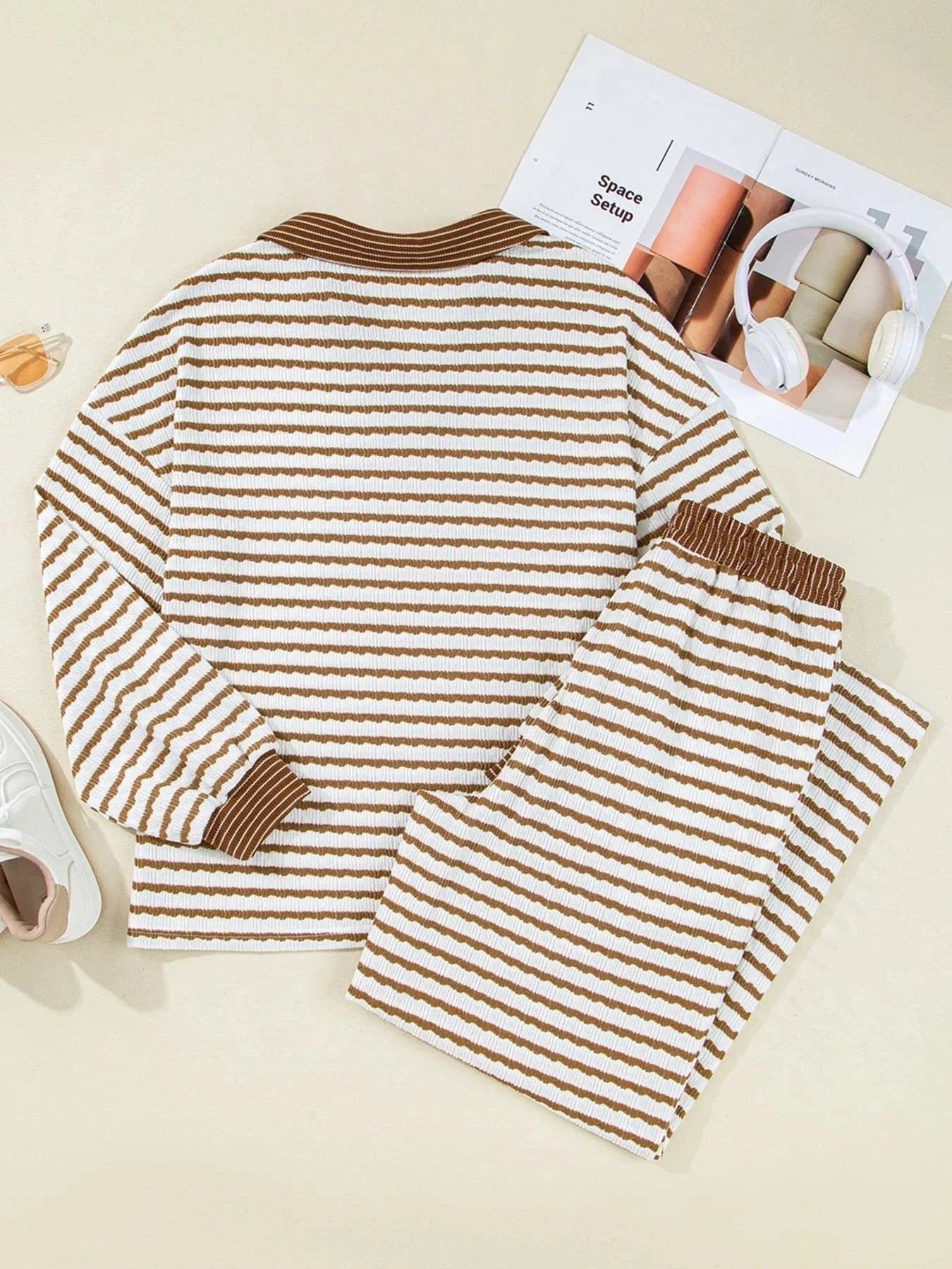 Stripe Collared Top and Drawstring Pant Set Two-Piece sets
