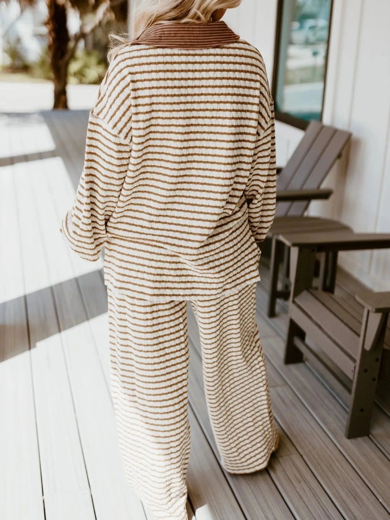 Stripe Collared Top and Drawstring Pant Set Two-Piece sets