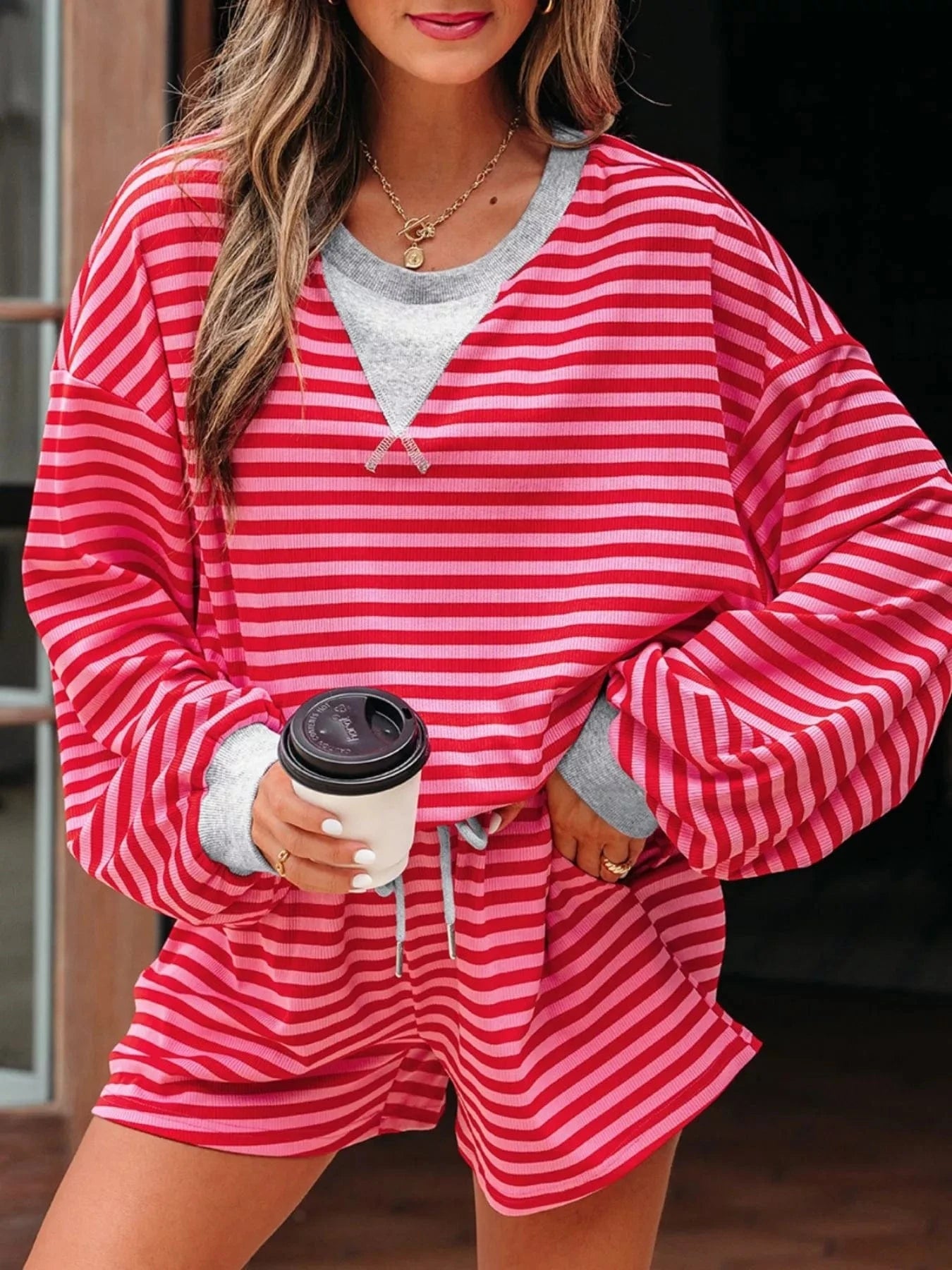Stripe Drop Shoulder Baggy Top and Shorts Casual Set Two-Piece sets