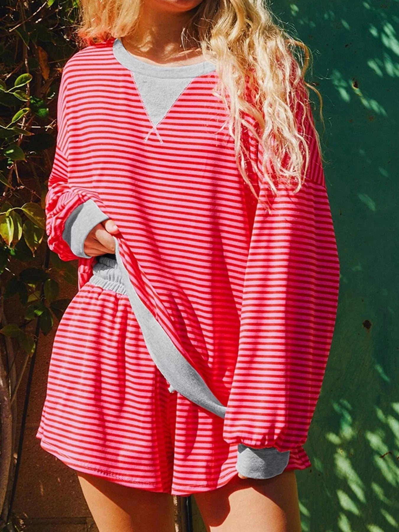 Stripe Drop Shoulder Baggy Top and Shorts Casual Set Two-Piece sets