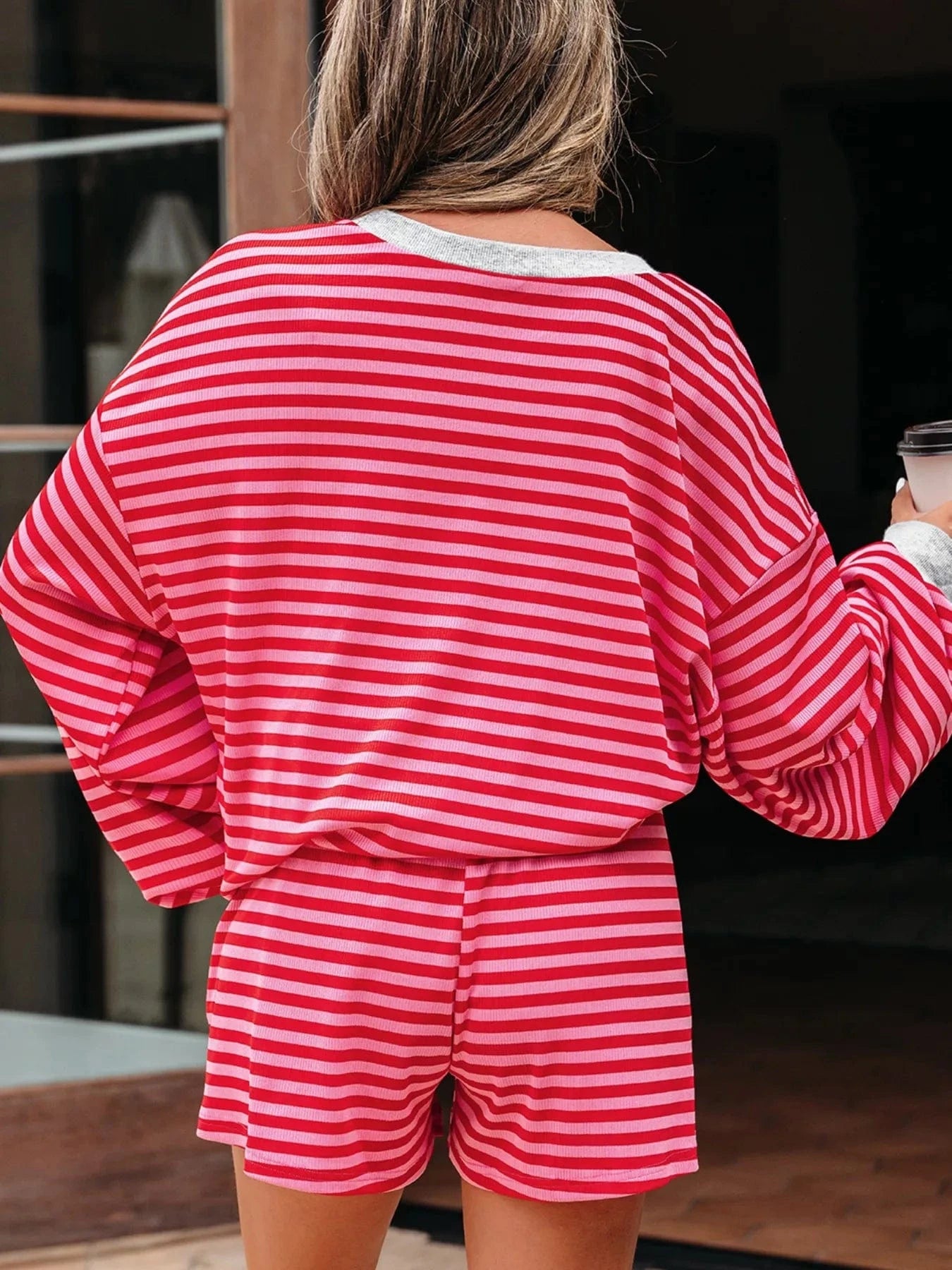 Stripe Drop Shoulder Baggy Top and Shorts Casual Set Two-Piece sets