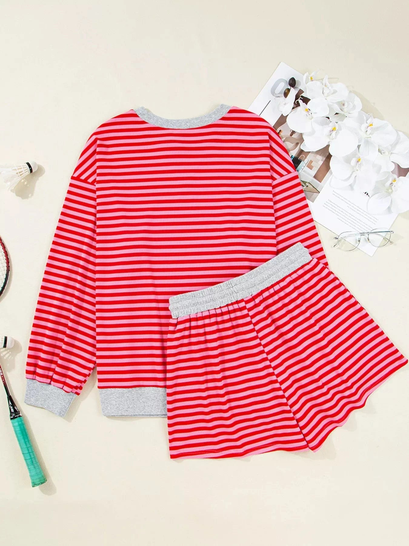 Stripe Drop Shoulder Baggy Top and Shorts Casual Set Two-Piece sets