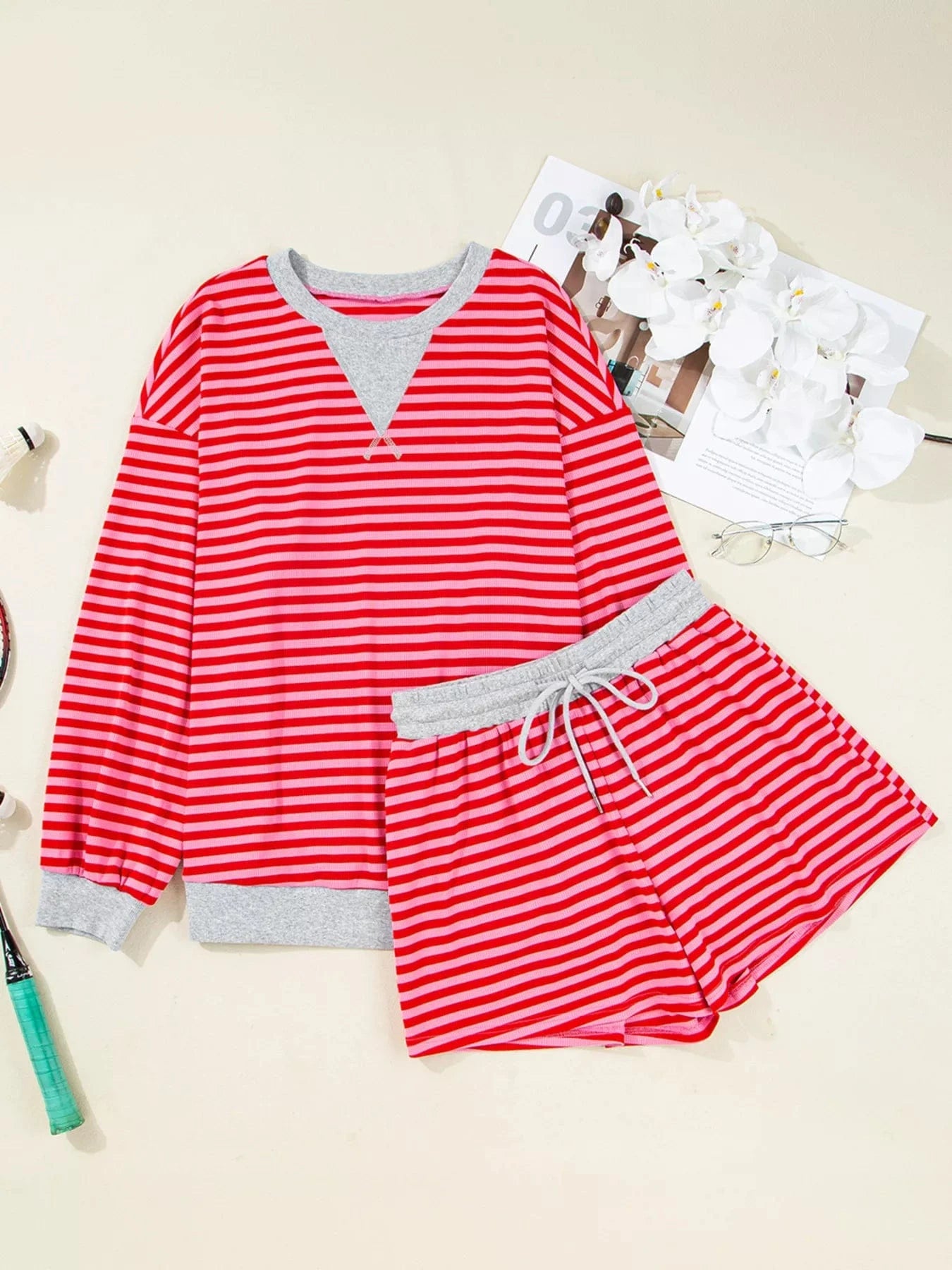 Stripe Drop Shoulder Baggy Top and Shorts Casual Set Two-Piece sets