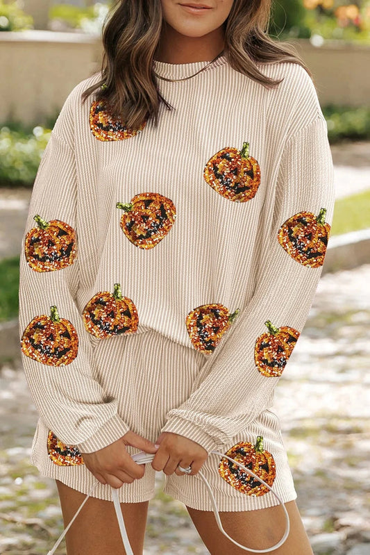 Tan Sequin Pumpkin Round Neck Top and Shorts Set Two-Piece sets