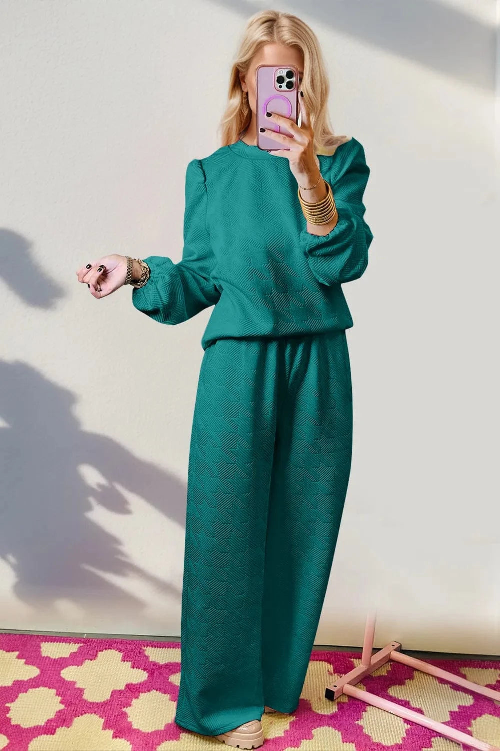 Teal Double Take Texture Long Sleeve Top and Wide Leg Pants Set Two-Piece sets