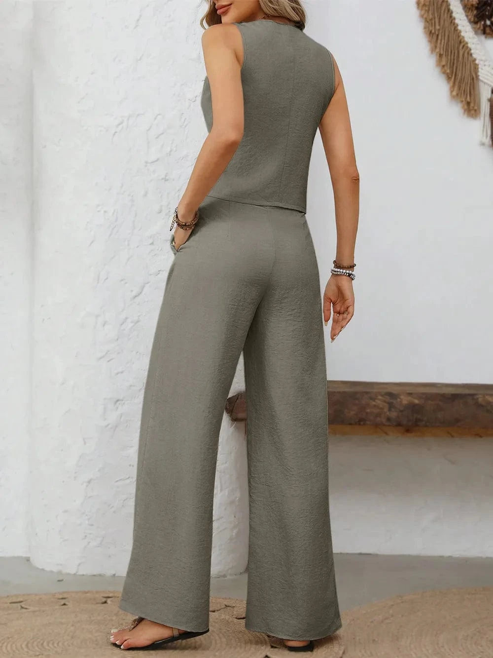 V-Neck Button Down Vest and Wide Leg Pants Set Two-Piece sets