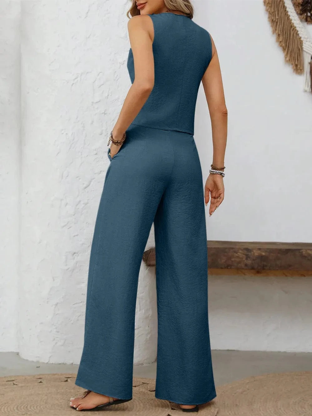 V-Neck Button Down Vest and Wide Leg Pants Set Two-Piece sets