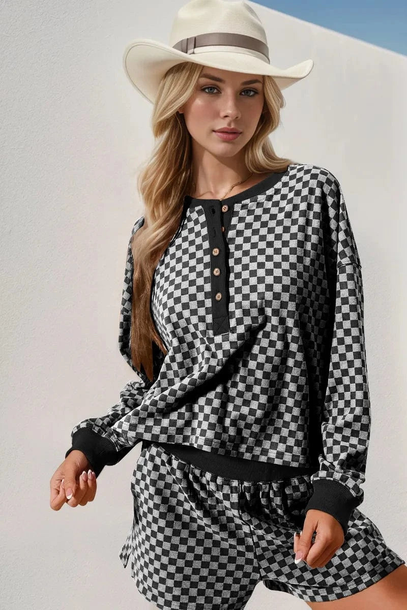 White Double Take Checkered Half Button Top and Shorts Set Two-Piece sets