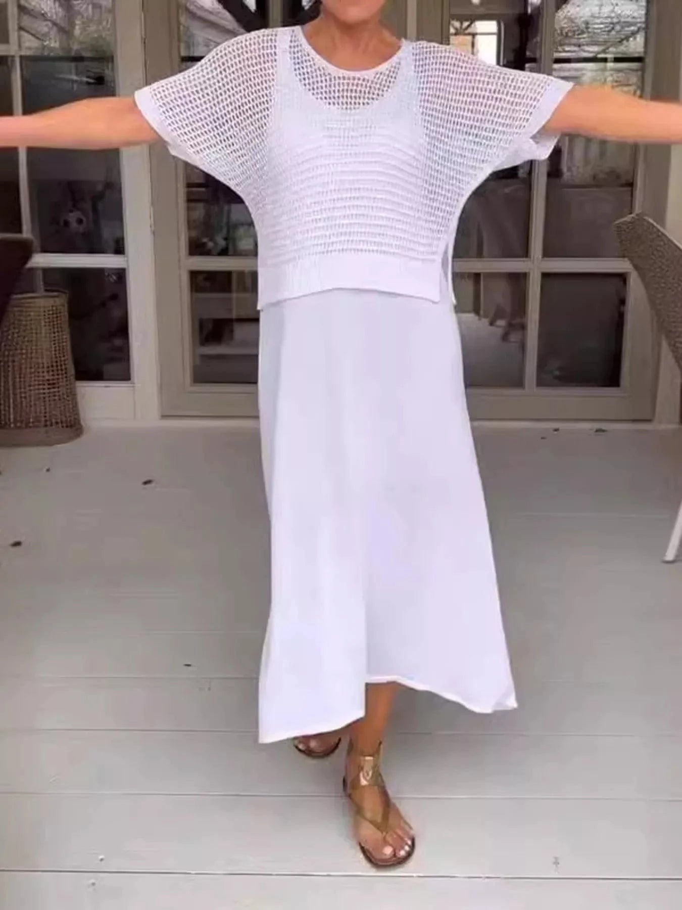White Full Size Openwork Knit Cover Up and Dress Set Plus Size Two-Piece sets