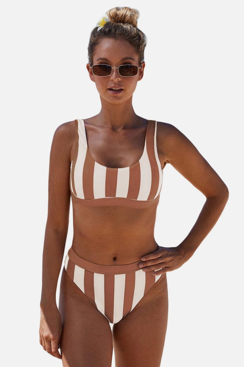 Brown Striped Tank High Waist Bikini Various Bikini