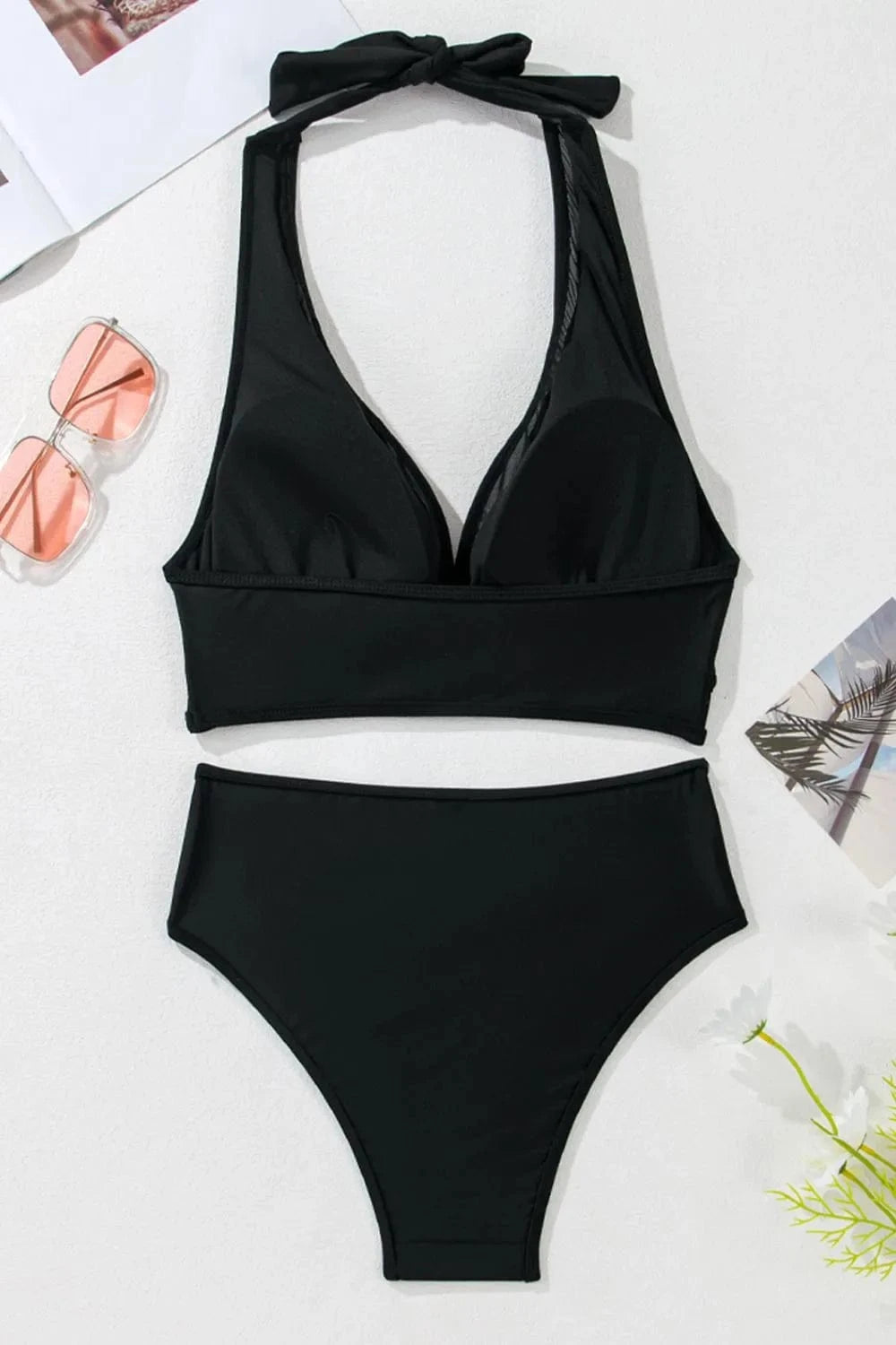 Sheer Mesh Edged Halter V Neck Push Up Bikini Set Vneck push up Bikini set