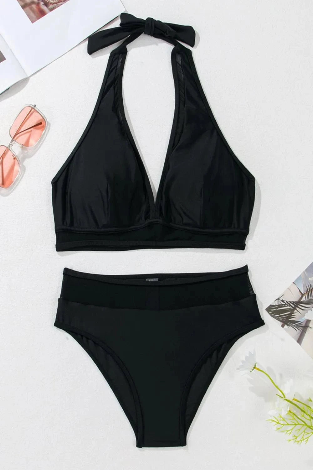 Sheer Mesh Edged Halter V Neck Push Up Bikini Set Vneck push up Bikini set
